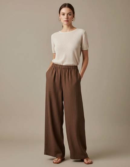 Pantalon Marron Ample Lin Taille Haute Femme