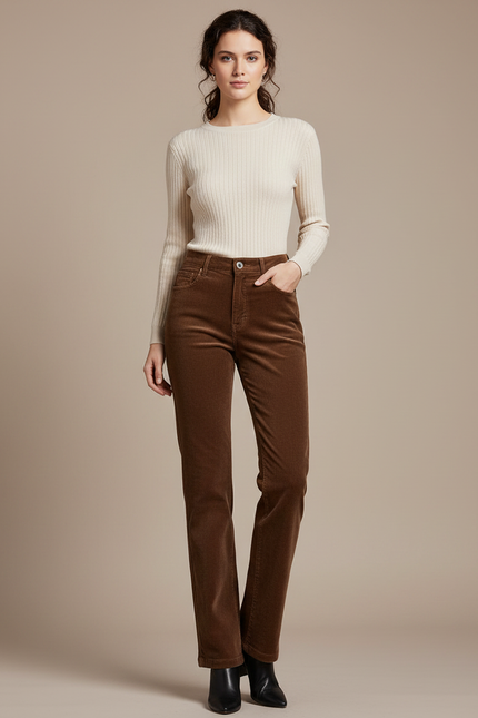 Pantalon Marron Côtelé Droit Taille Haute Casual - Cordé