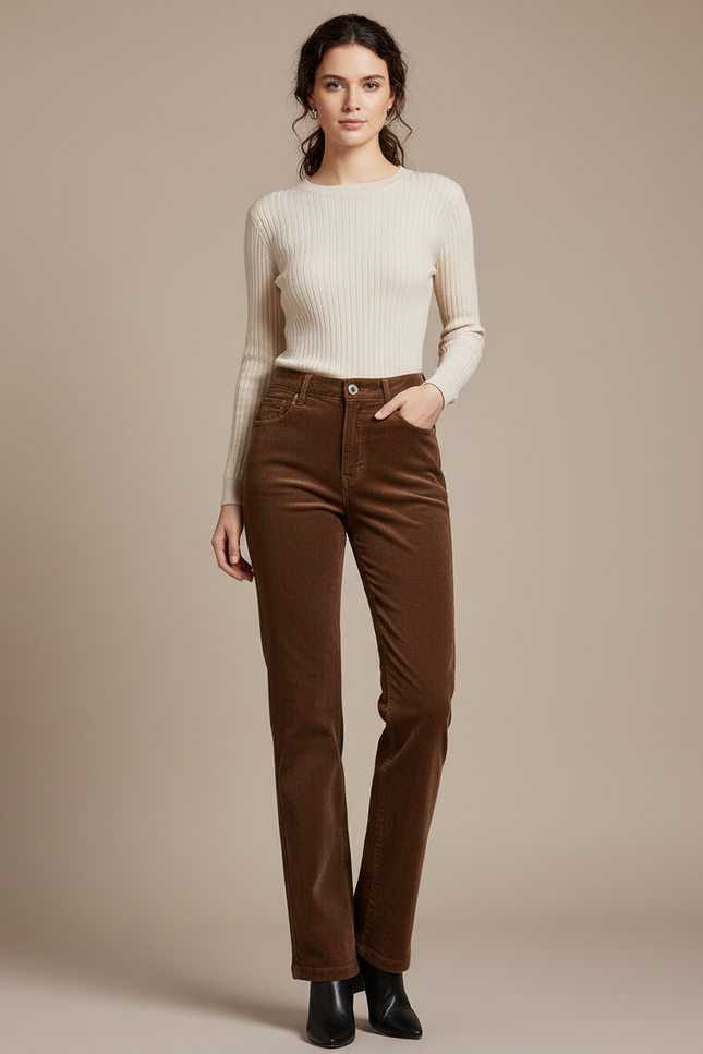 Pantalon Marron Côtelé Droit Taille Haute Casual - Cordé