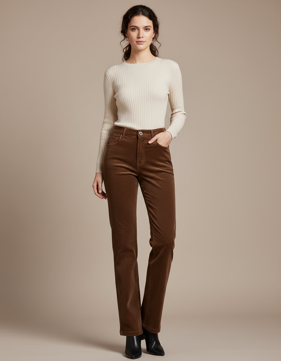 Pantalon Marron Côtelé Droit Taille Haute Casual - Cordé