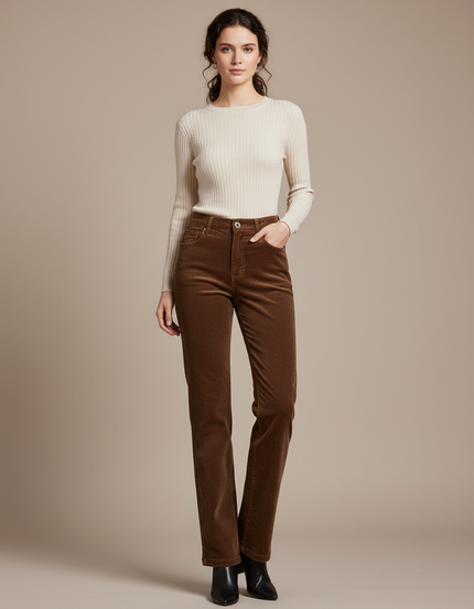 Pantalon Marron Côtelé Droit Taille Haute Casual - Cordé
