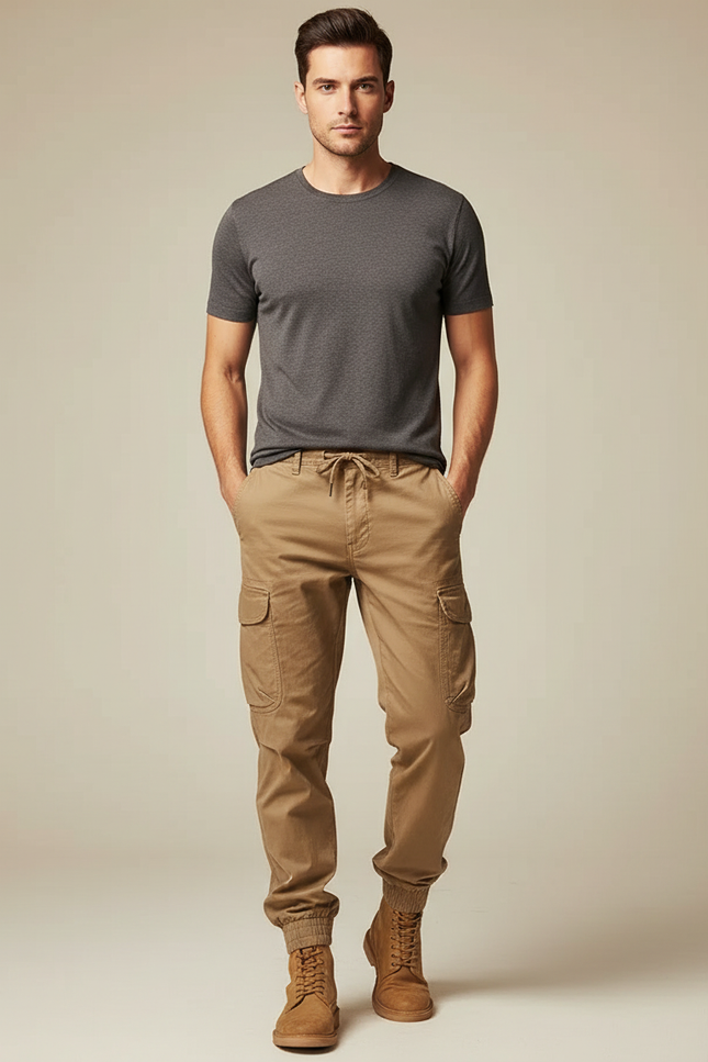 Pantalon Marron Cargo Coton Homme Multipoches Décontracté - Kaki Toile