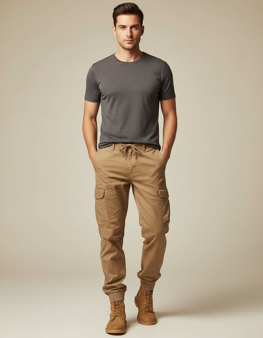 Pantalon Marron Cargo Coton Homme Multipoches Décontracté - Kaki Toile