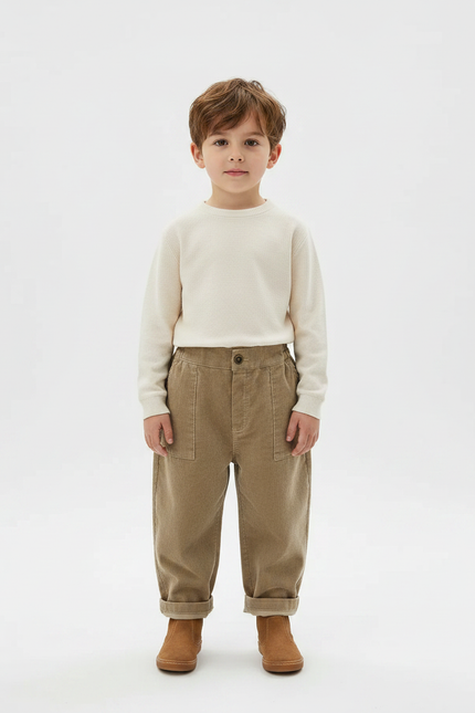 Pantalon Marron Côtelé Droit Ample Enfant Décontracté - Camel Cordé