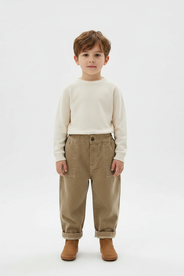Pantalon Marron Côtelé Droit Ample Enfant Décontracté - Camel Cordé