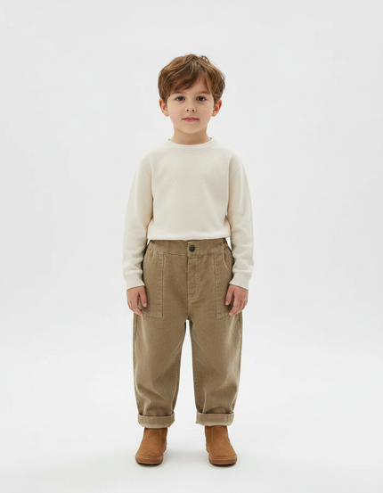 Pantalon Marron Côtelé Droit Ample Enfant Décontracté - Camel Cordé