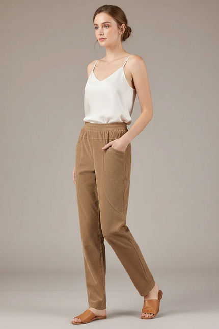 Pantalon Marron Côtelé Droit Décontracté Femme Hiver - Camel Cordé