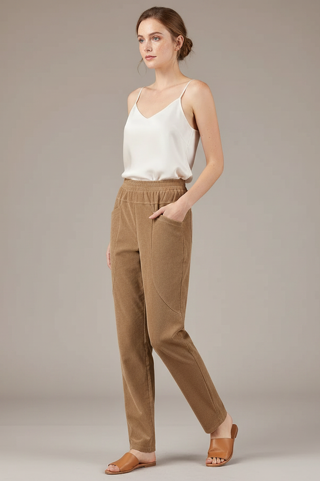 Pantalon Marron Côtelé Droit Décontracté Femme Hiver - Camel Cordé