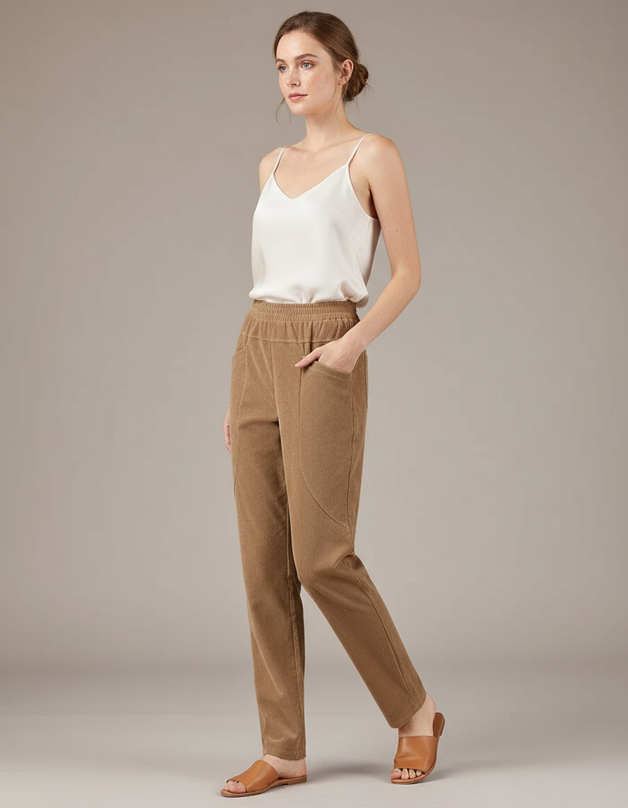 Pantalon Marron Côtelé Droit Décontracté Femme Hiver - Camel Cordé