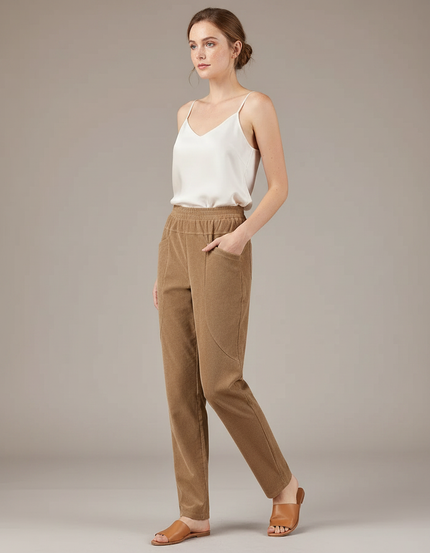 Pantalon Marron Côtelé Droit Décontracté Femme Hiver - Camel Cordé