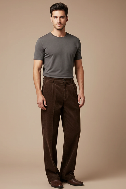 Pantalon Marron Côtelé Ample Vintage Homme - Cordé