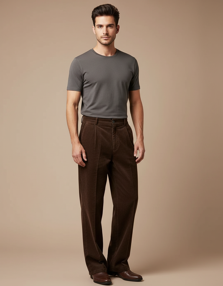 Pantalon Marron Côtelé Ample Vintage Homme - Cordé