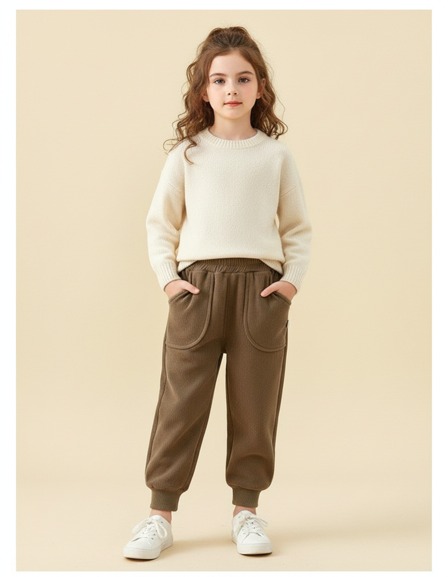 Pantalon Marron Molletonné Chaud Sport Décontracté Enfant