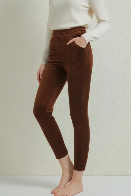 Pantalon Marron Côtelé Chaud Confortable Décontracté Femme - Cordé