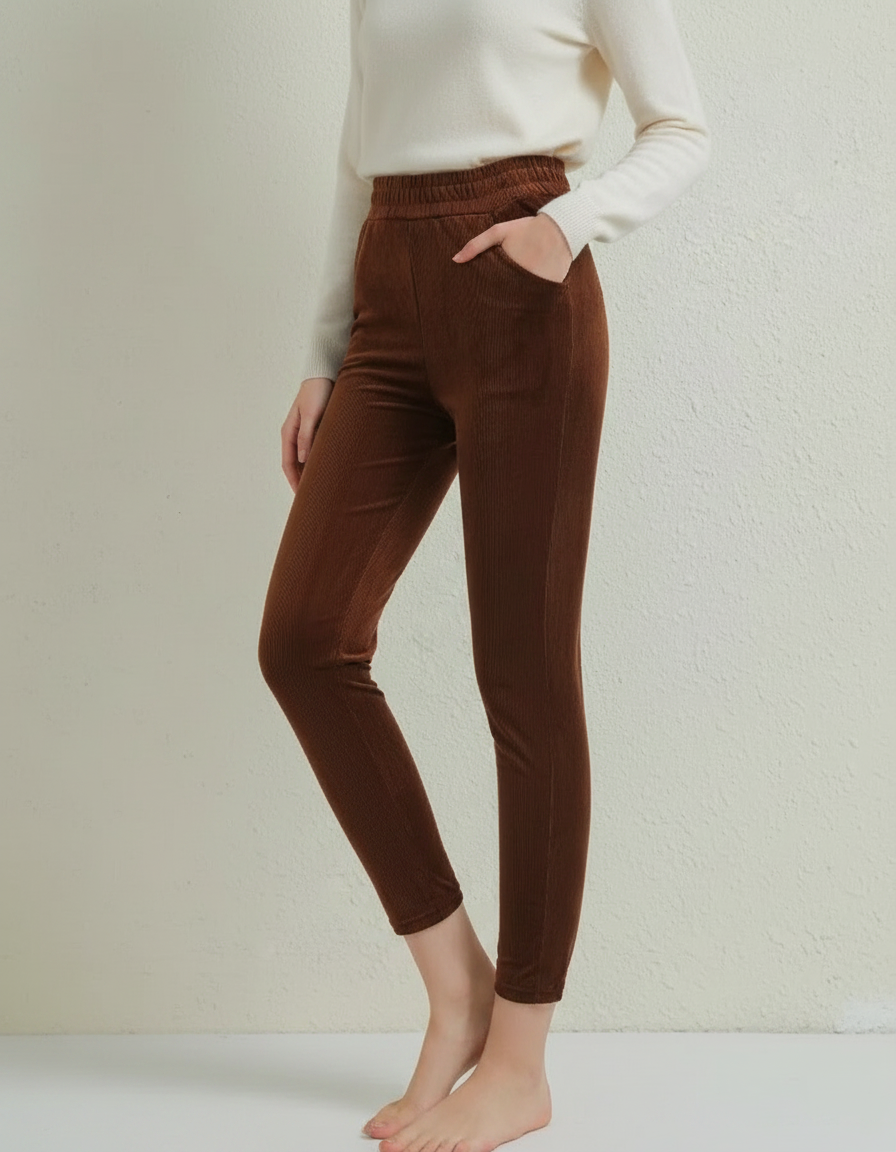 Pantalon Marron Côtelé Chaud Confortable Décontracté Femme - Cordé