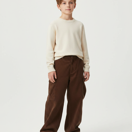 Pantalon Marron Cargo Côtelé Ample Garçon Décontracté - Cordé