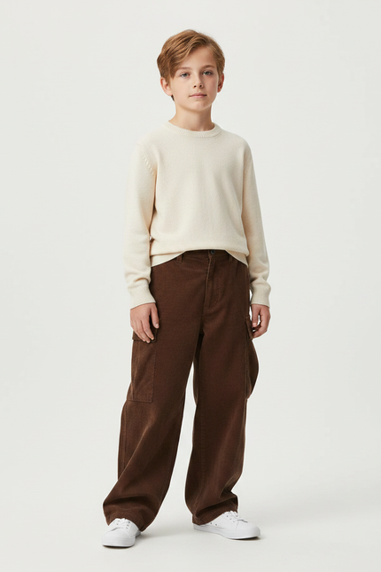Pantalon Marron Cargo Côtelé Ample Garçon Décontracté - Cordé