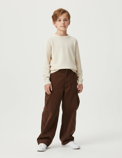 Pantalon Marron Cargo Côtelé Ample Garçon Décontracté - Cordé