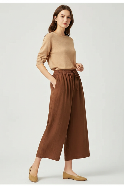 Pantalon Marron Lin Ample Cordon Fluide Femme