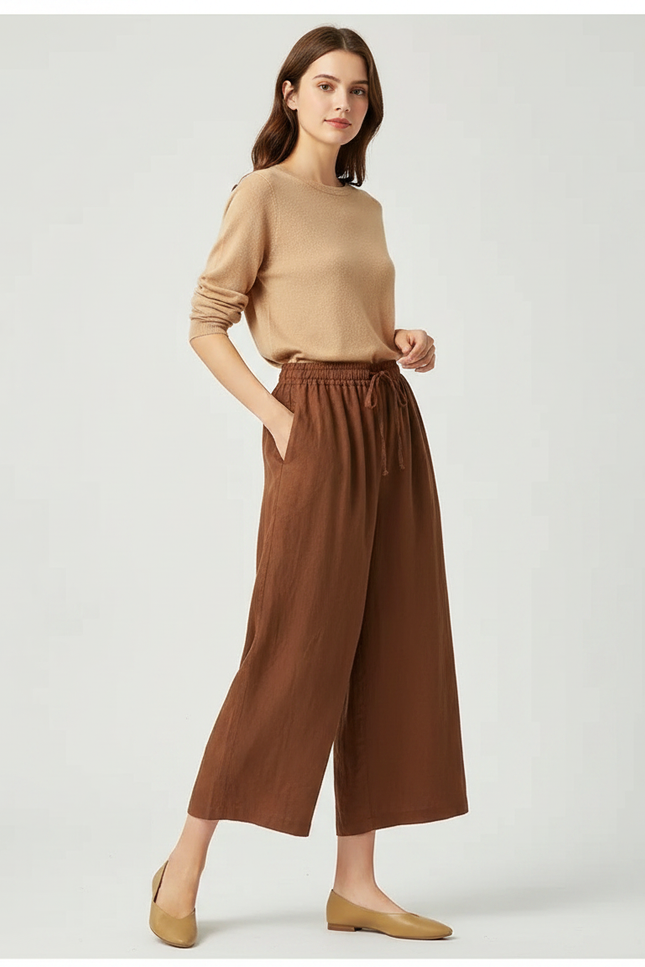 Pantalon Marron Lin Ample Cordon Fluide Femme