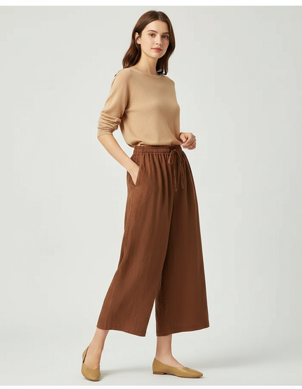 Pantalon Marron Lin Ample Cordon Fluide Femme