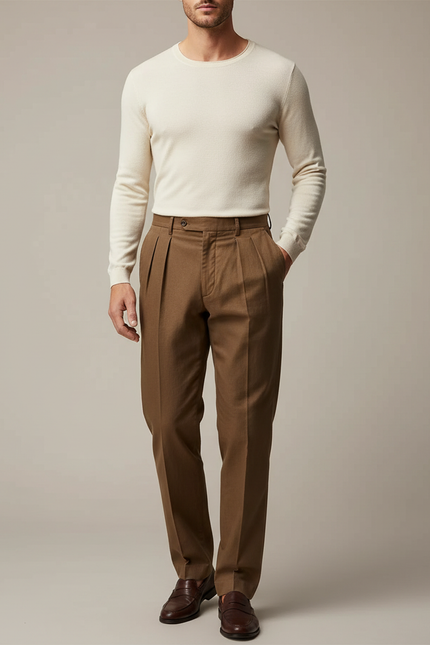 Pantalon Marron Plissé Ample Décontracté Homme - Laine
