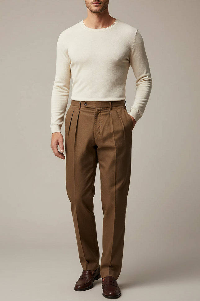 Pantalon Marron Plissé Ample Décontracté Homme - Laine