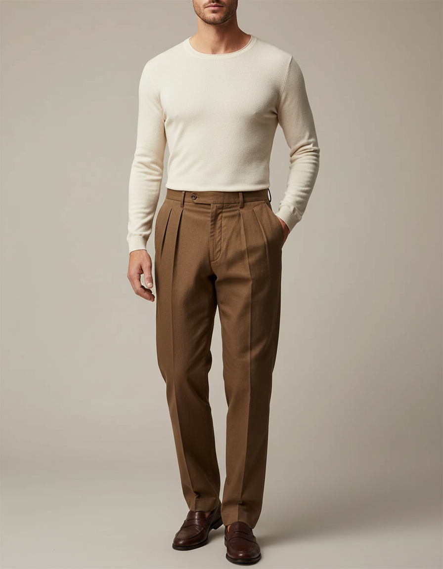 Pantalon Marron Plissé Ample Décontracté Homme - Laine