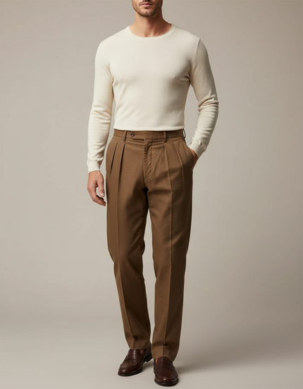 Pantalon Marron Plissé Ample Décontracté Homme - Laine