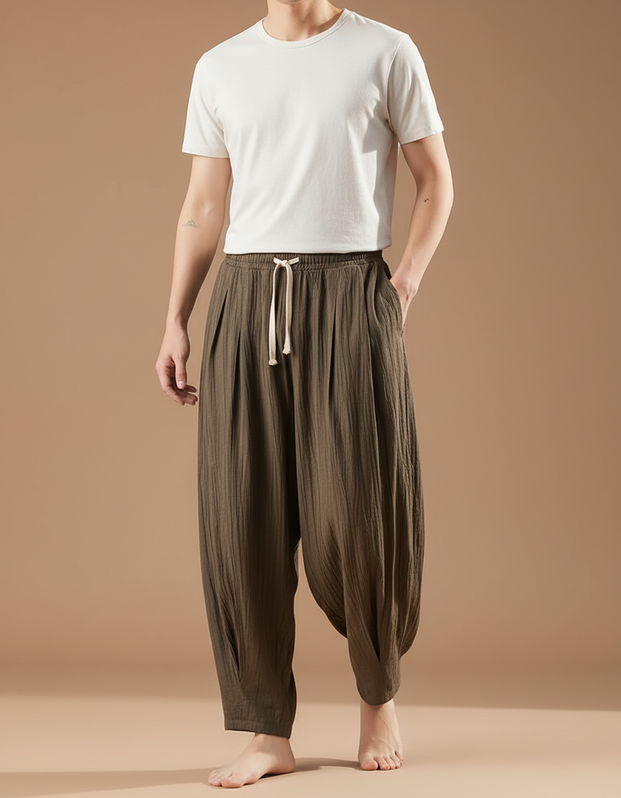 Pantalon En Lin Marron Homme - Kaki