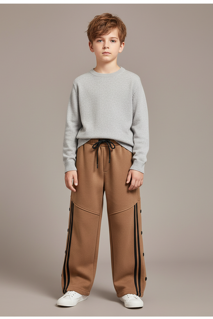 Pantalon Marron Sportif Rayures Latérales Boutons Garçon - Molleton