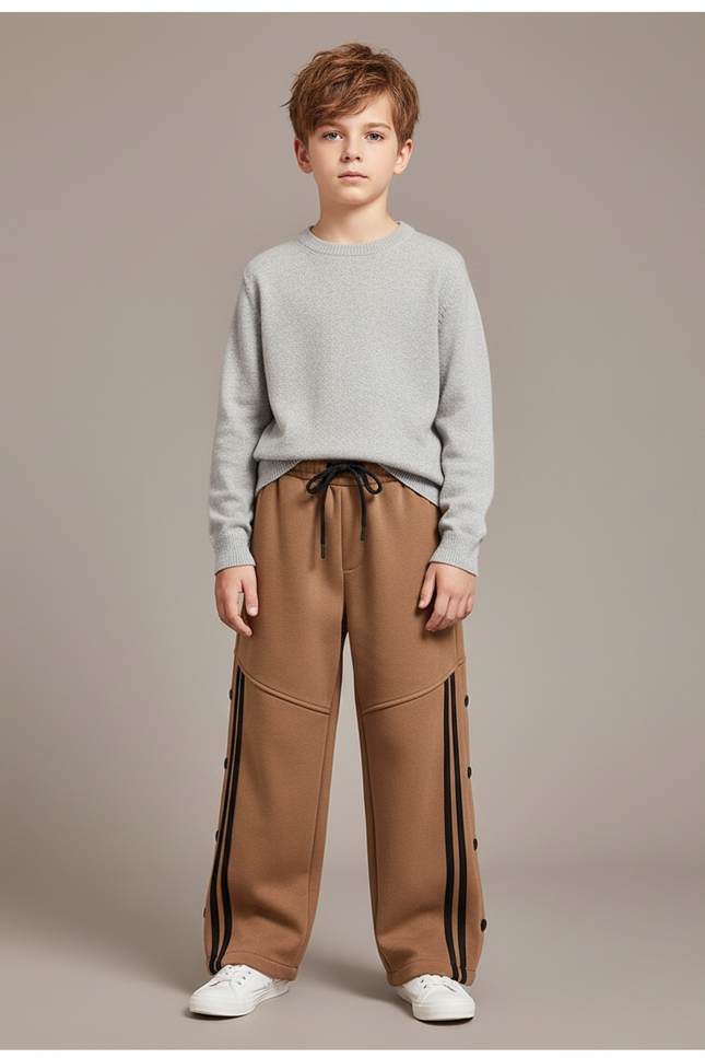 Pantalon Marron Sportif Rayures Latérales Boutons Garçon - Molleton