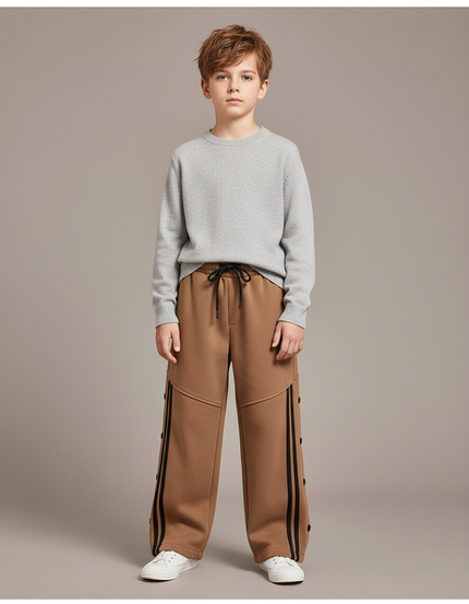Pantalon Marron Sportif Rayures Latérales Boutons Garçon - Molleton