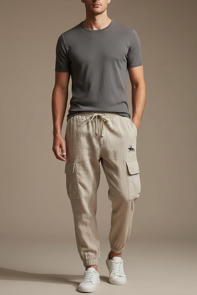 Pantalon Marron Cargo Lin Cordon Décontracté Homme - Beige