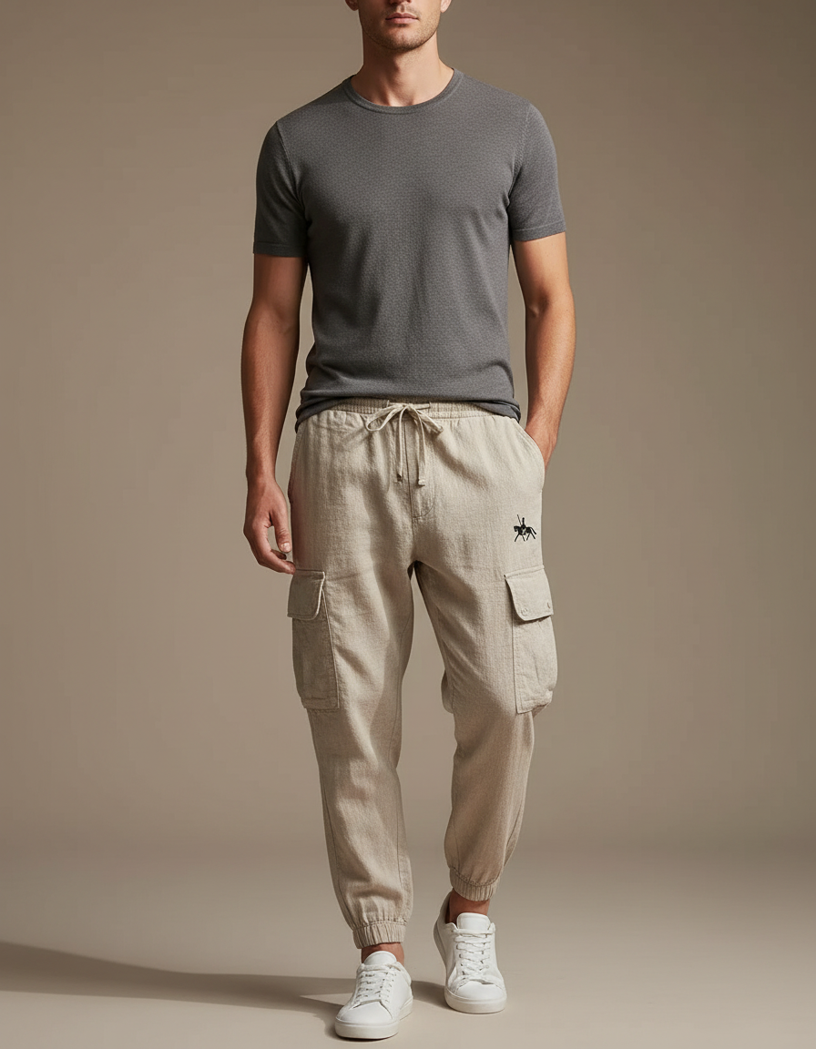 Pantalon Marron Cargo Lin Cordon Décontracté Homme - Beige