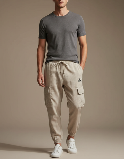Pantalon Marron Cargo Lin Cordon Décontracté Homme - Beige