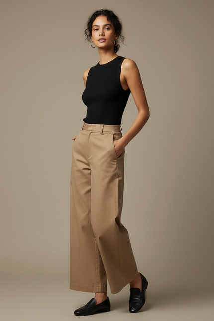 Pantalon Marron Large Taille Haute Coton Décontracté - Beige Gabardine