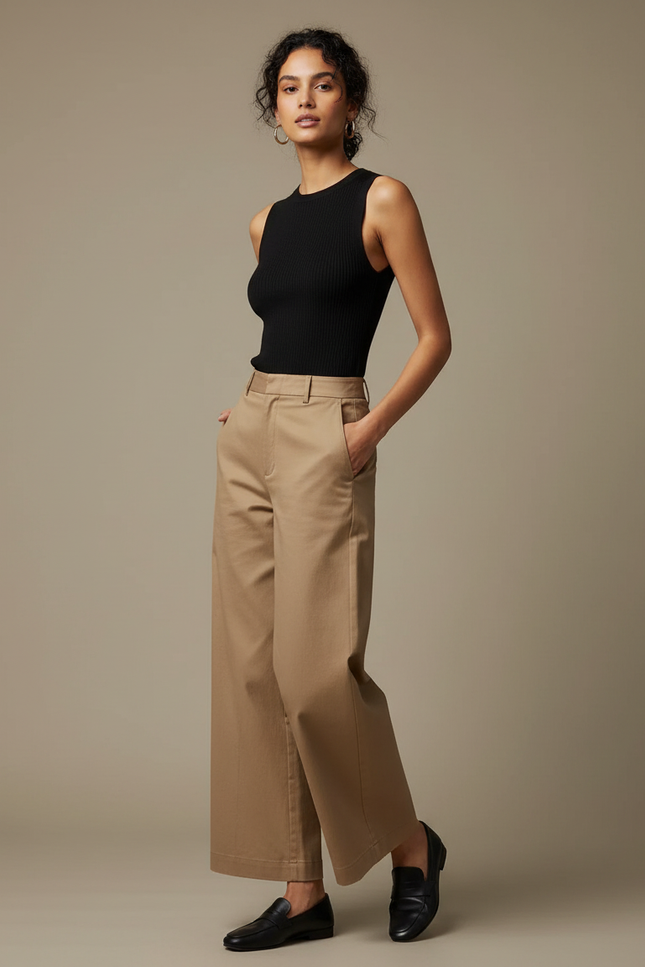Pantalon Marron Large Taille Haute Coton Décontracté - Beige Gabardine