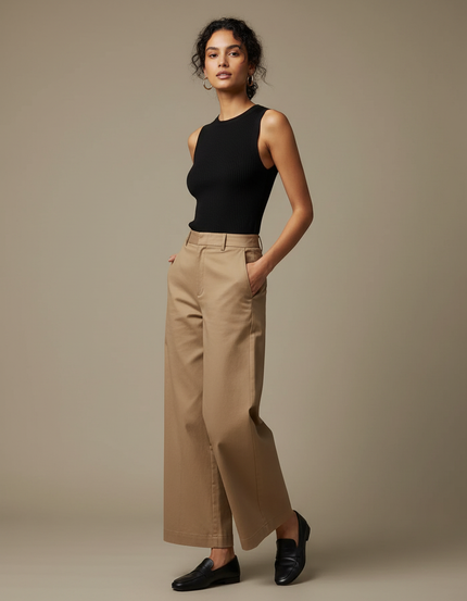 Pantalon Marron Large Taille Haute Coton Décontracté - Beige Gabardine