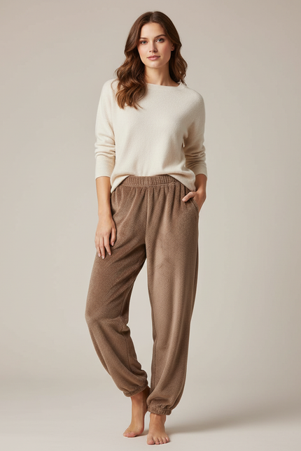 Pantalon Marron Polaire Doux Confortable Élastique Femme - Molleton