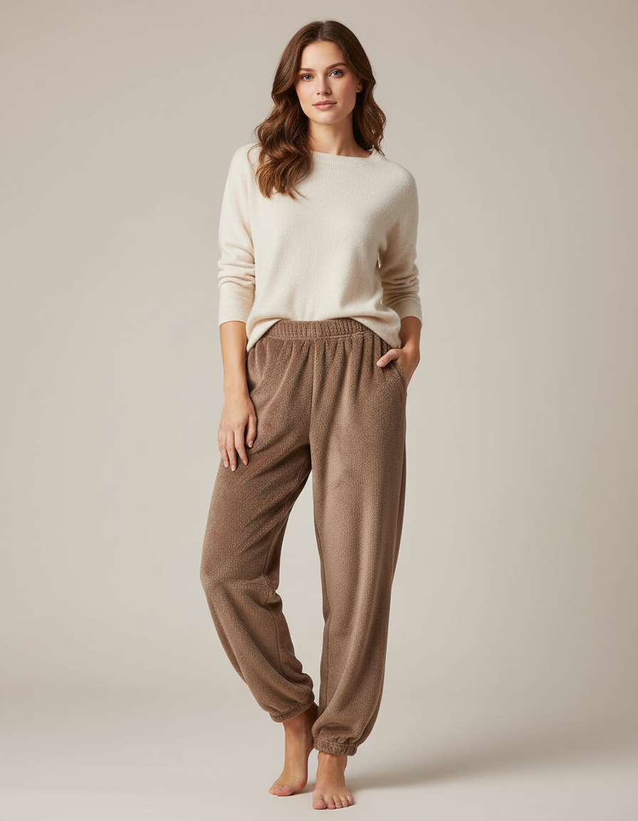 Pantalon Marron Polaire Doux Confortable Élastique Femme - Molleton