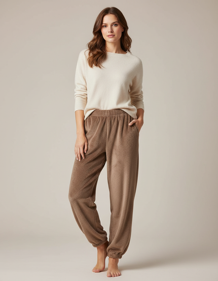 Pantalon Marron Polaire Doux Confortable Élastique Femme - Molleton