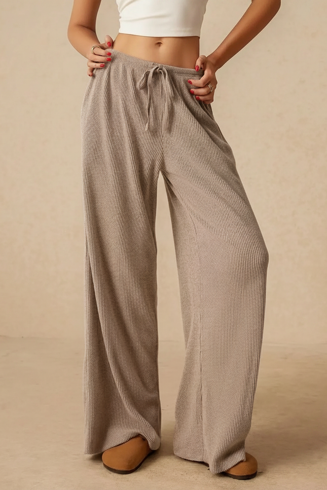 Pantalon Marron Côtelé Ample Décontracté Fluide Femme - Beige Maille