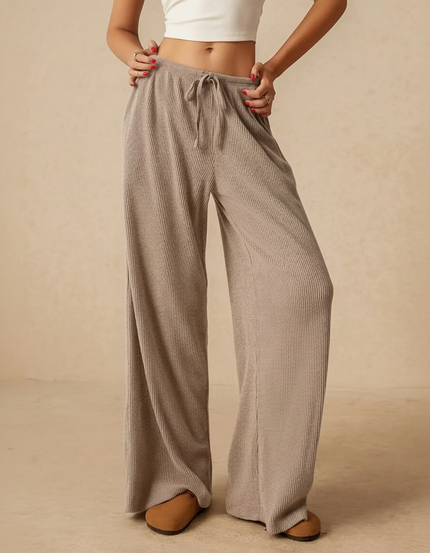 Pantalon Marron Côtelé Ample Décontracté Fluide Femme - Beige Maille