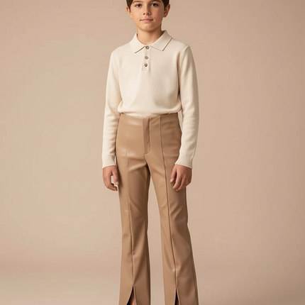 Pantalon Marron Similicuir Fendu Taille Haute Élégant - Camel Simili cuir