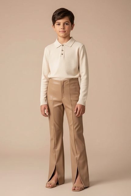 Pantalon Marron Similicuir Fendu Taille Haute Élégant - Camel Simili cuir