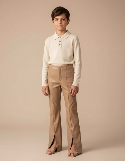 Pantalon Marron Similicuir Fendu Taille Haute Élégant - Camel Simili cuir