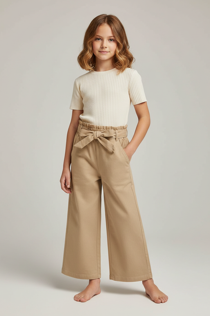 Pantalon Marron Ample Taille Haute Coton Fille - Camel Toile