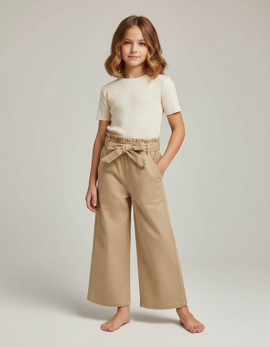 Pantalon Marron Ample Taille Haute Coton Fille - Camel Toile