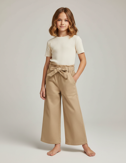 Pantalon Marron Ample Taille Haute Coton Fille - Camel Toile